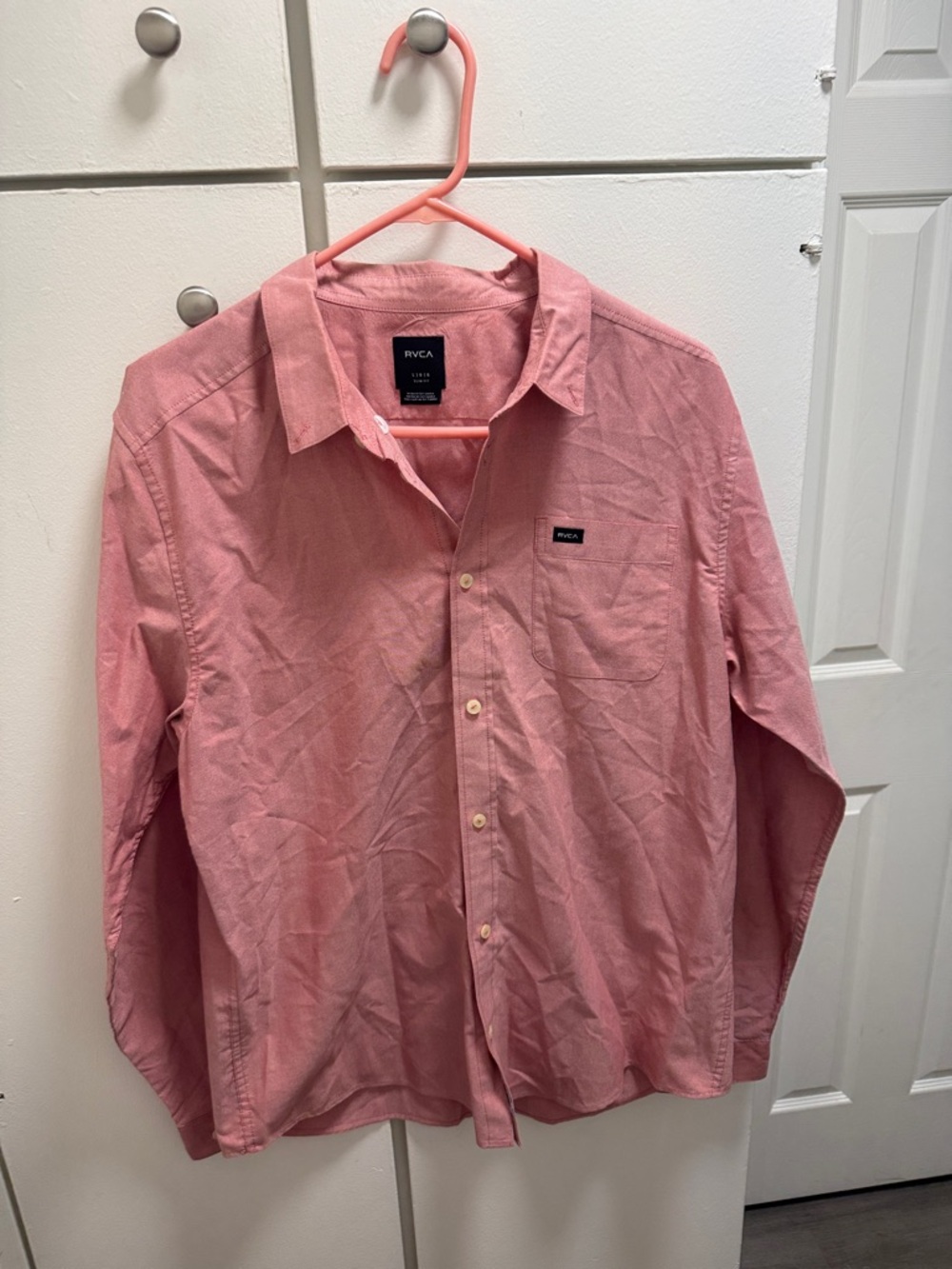 RVCA Men's Pink Button-Down Long Sleeve Shirt